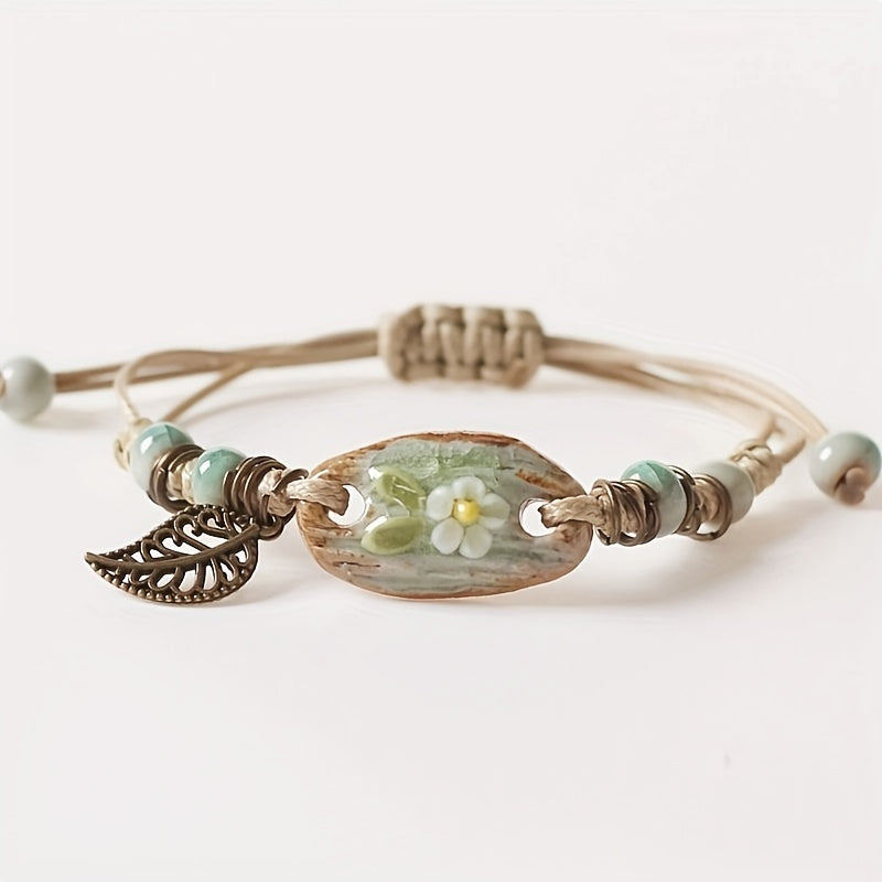 Vintage Style Leaf Pendant Braided Bracelet - Elegant Handmade Adjustable Hand Bracelet