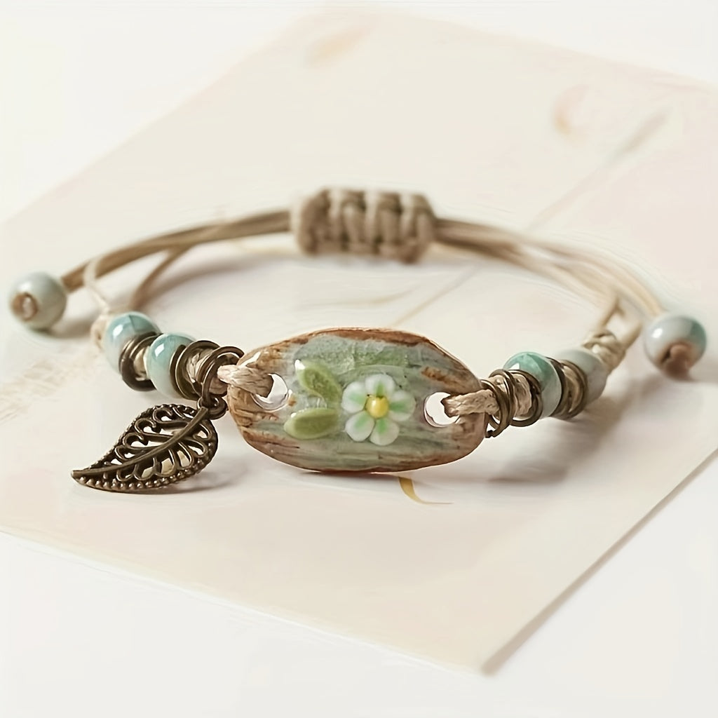 Vintage Style Leaf Pendant Braided Bracelet - Elegant Handmade Adjustable Hand Bracelet