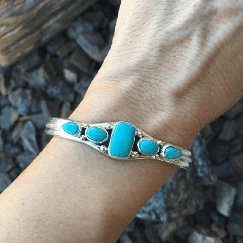925 Sterling Silver Vintage Turquoise Cuff Bangle - Adjustable Natural Stone Bracelet