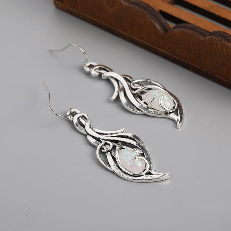 Vintage Oval Opal Decor Dangle Earrings - Bohemian Elegant Silver Plated Jewelry